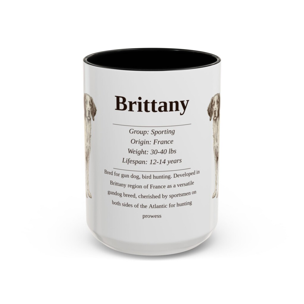 15oz Brittany Mug, Illustrated Dog Breed Facts Coffee Mug, Vintage Dog Keepsake Gift