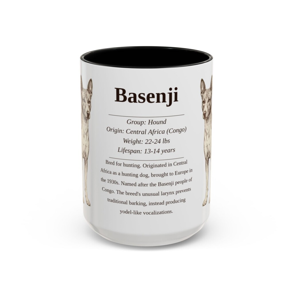 15oz Basenji Mug, Illustrated Dog Breed Facts Coffee Mug, Vintage Dog Keepsake Gift