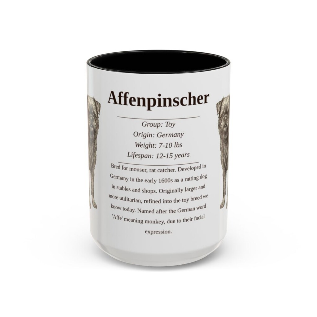 affenpinscher-mug-writeup-black-front-1 15oz Affenpinscher Mug, Illustrated Dog Breed Facts Coffee Mug, Vintage Dog Keepsake Gift