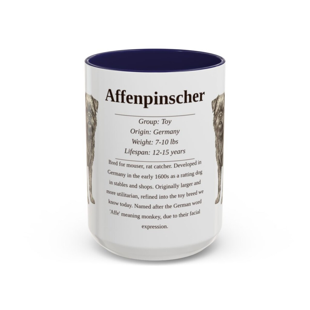 affenpinscher-mug-writeup-navy-1 15oz Affenpinscher Mug, Illustrated Dog Breed Facts Coffee Mug, Vintage Dog Keepsake Gift