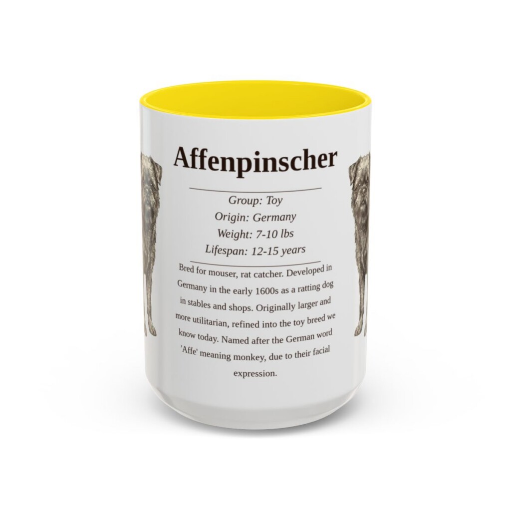 affenpinscher-mug-writeup-yellow-1 15oz Affenpinscher Mug, Illustrated Dog Breed Facts Coffee Mug, Vintage Dog Keepsake Gift