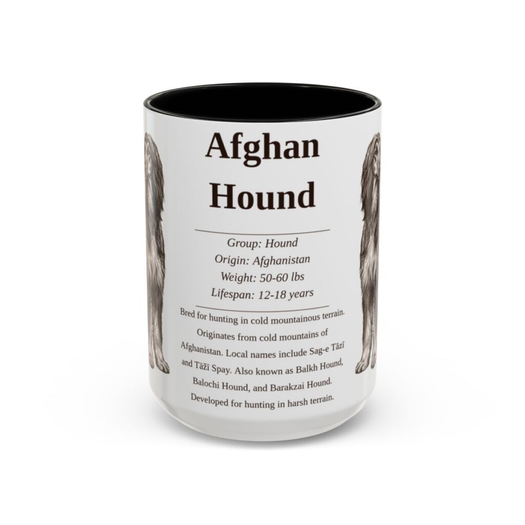 afghan-hound-mug-writeup-black-front-3 15oz Afghan Hound Mug, Illustrated Dog Breed Facts Coffee Mug, Vintage Dog Keepsake Gift