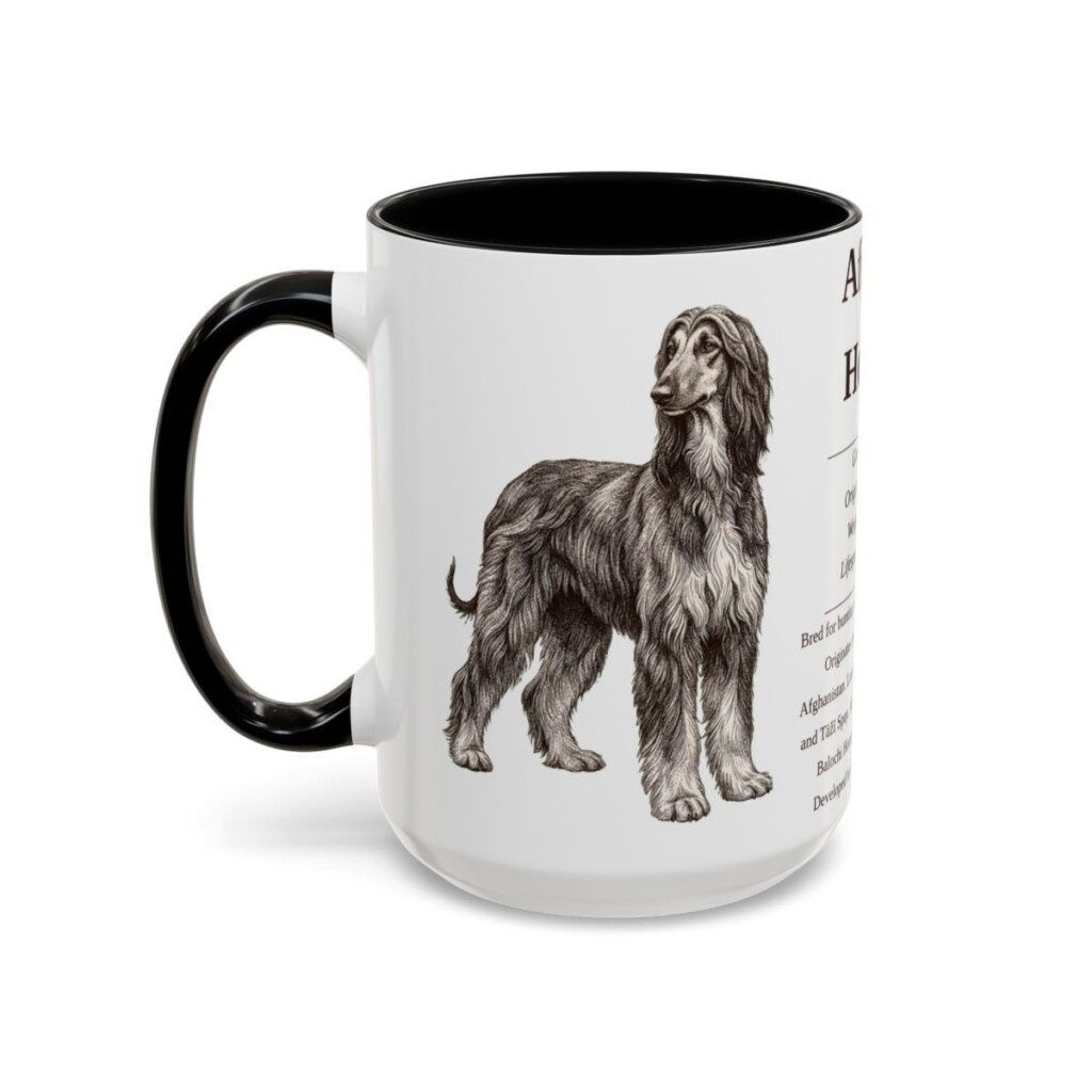 afghan-hound-mug-writeup-black-left-3 15oz Afghan Hound Mug, Illustrated Dog Breed Facts Coffee Mug, Vintage Dog Keepsake Gift