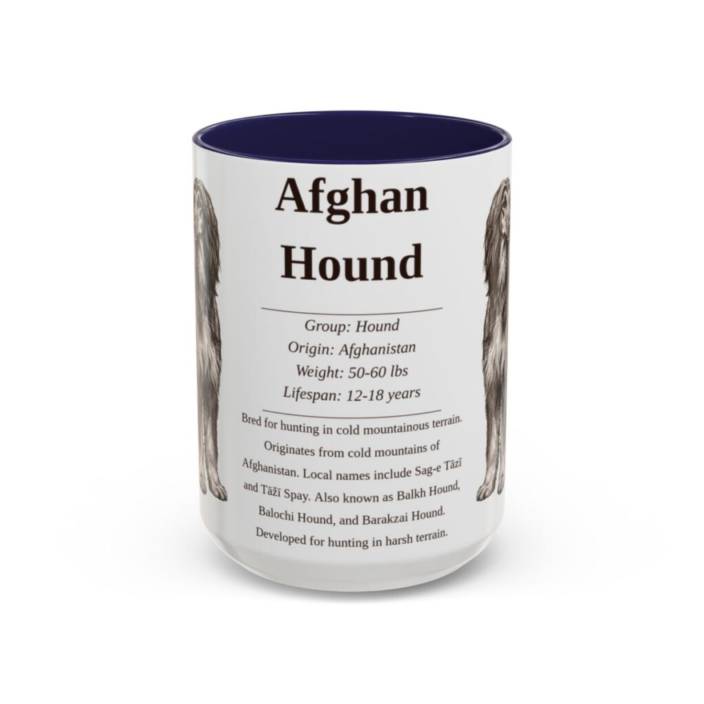 afghan-hound-mug-writeup-navy-3 15oz Afghan Hound Mug, Illustrated Dog Breed Facts Coffee Mug, Vintage Dog Keepsake Gift