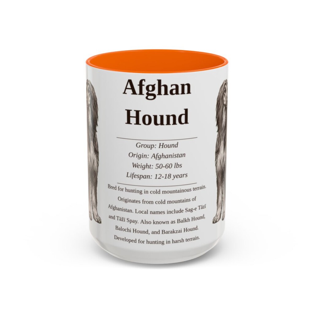 afghan-hound-mug-writeup-orange-3 15oz Afghan Hound Mug, Illustrated Dog Breed Facts Coffee Mug, Vintage Dog Keepsake Gift