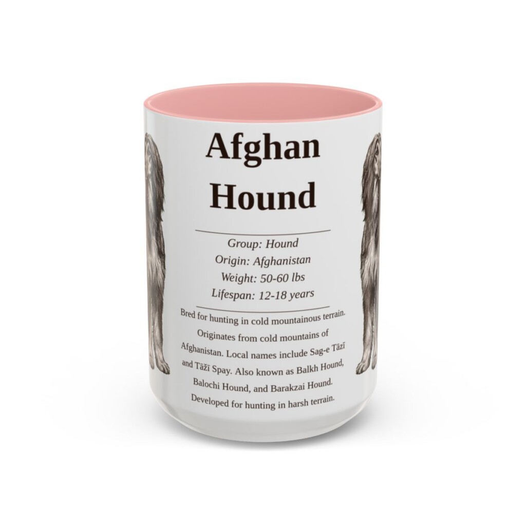 afghan-hound-mug-writeup-pink-3 15oz Afghan Hound Mug, Illustrated Dog Breed Facts Coffee Mug, Vintage Dog Keepsake Gift