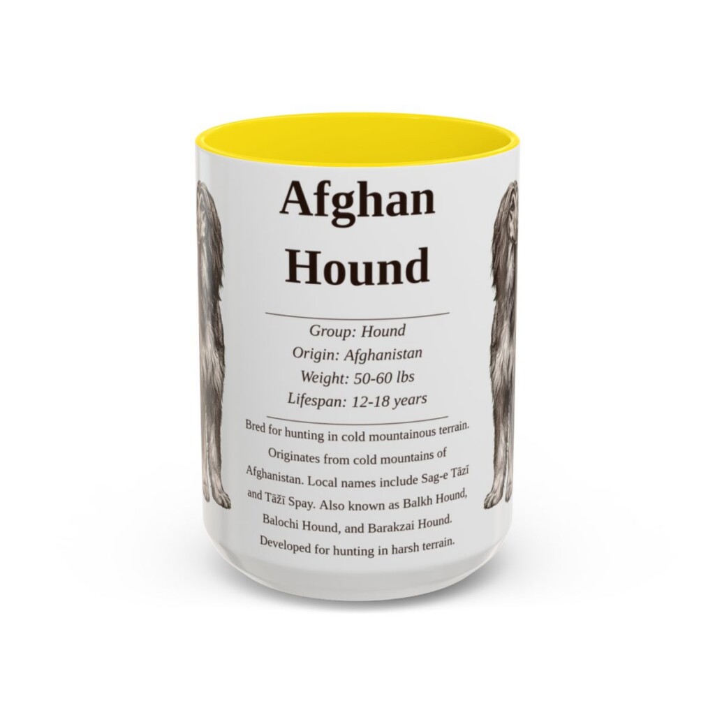 afghan-hound-mug-writeup-yellow-3 15oz Afghan Hound Mug, Illustrated Dog Breed Facts Coffee Mug, Vintage Dog Keepsake Gift
