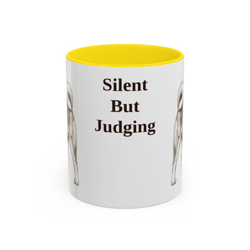 akita-mug-humor-yellow-1 11oz Funny Akita Mug, Silent But Judging, Vintage Dog Coffee Mug, Dog Lover Gift