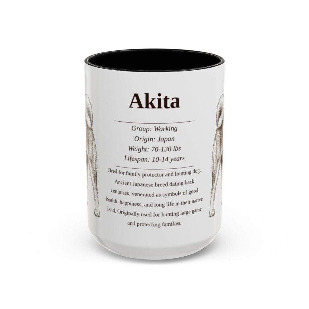 akita-mug-writeup-black-front-4 15oz Akita Mug, Illustrated Dog Breed Facts Coffee Mug, Vintage Dog Keepsake Gift