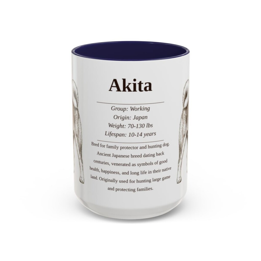 akita-mug-writeup-navy-4 15oz Akita Mug, Illustrated Dog Breed Facts Coffee Mug, Vintage Dog Keepsake Gift