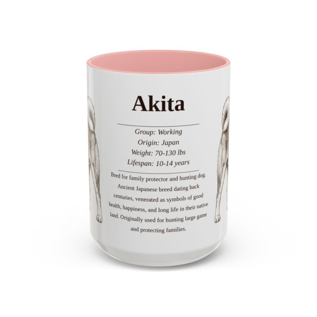 akita-mug-writeup-pink-4 15oz Akita Mug, Illustrated Dog Breed Facts Coffee Mug, Vintage Dog Keepsake Gift