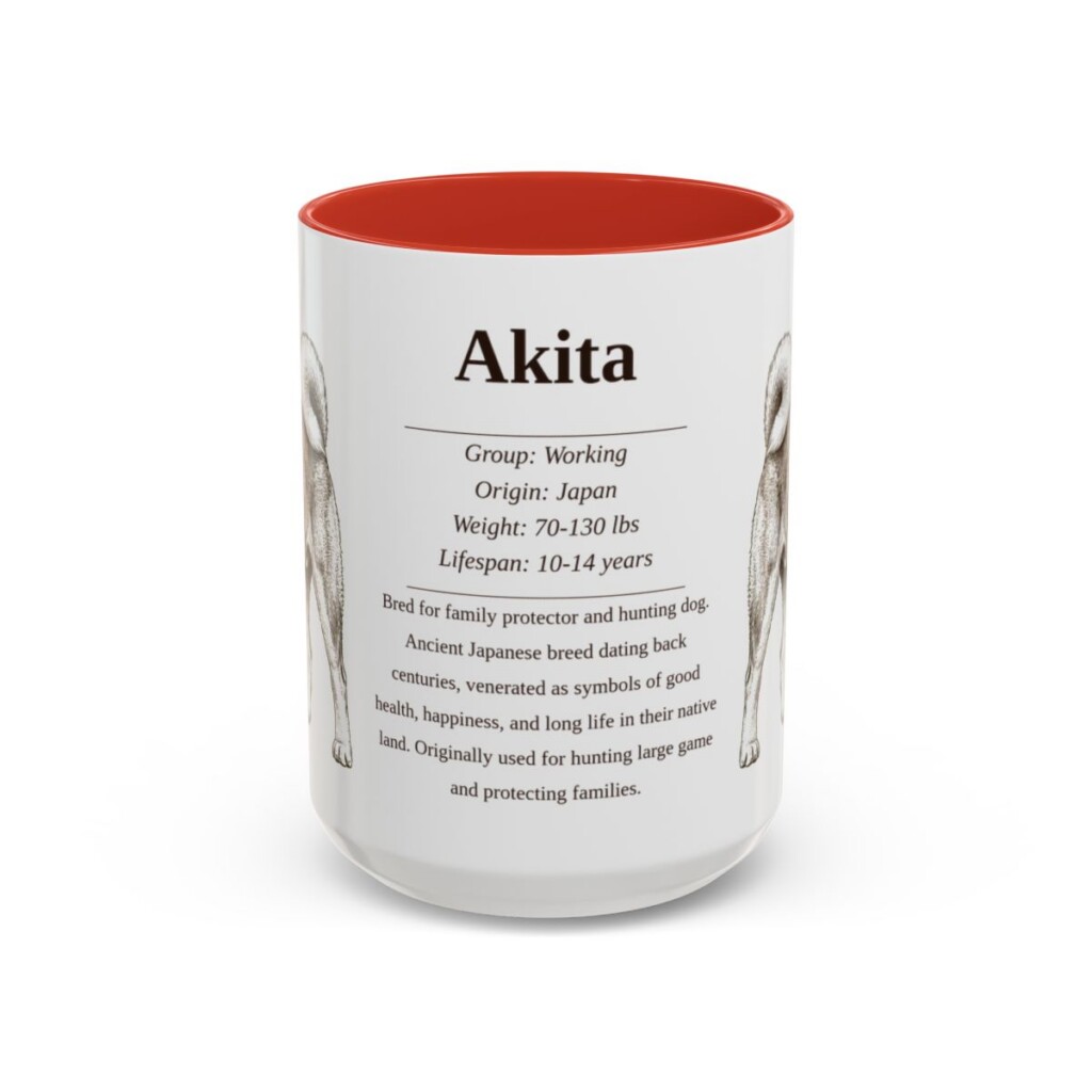 akita-mug-writeup-red-4 15oz Akita Mug, Illustrated Dog Breed Facts Coffee Mug, Vintage Dog Keepsake Gift