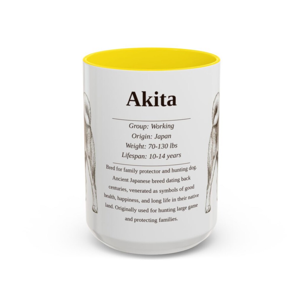 akita-mug-writeup-yellow-4 15oz Akita Mug, Illustrated Dog Breed Facts Coffee Mug, Vintage Dog Keepsake Gift
