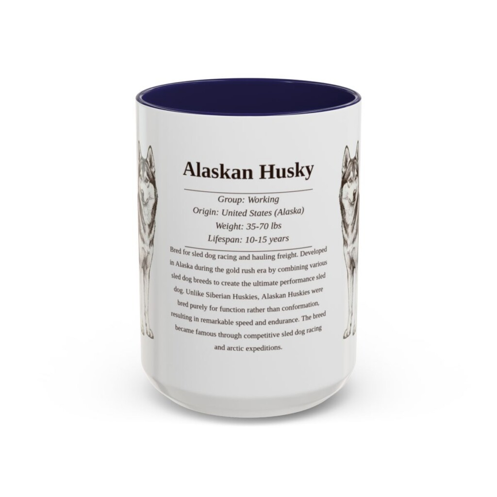 alaskan-husky-mug-writeup-navy-4 15oz Alaskan Husky Mug, Illustrated Dog Breed Facts Coffee Mug, Vintage Dog Keepsake Gift