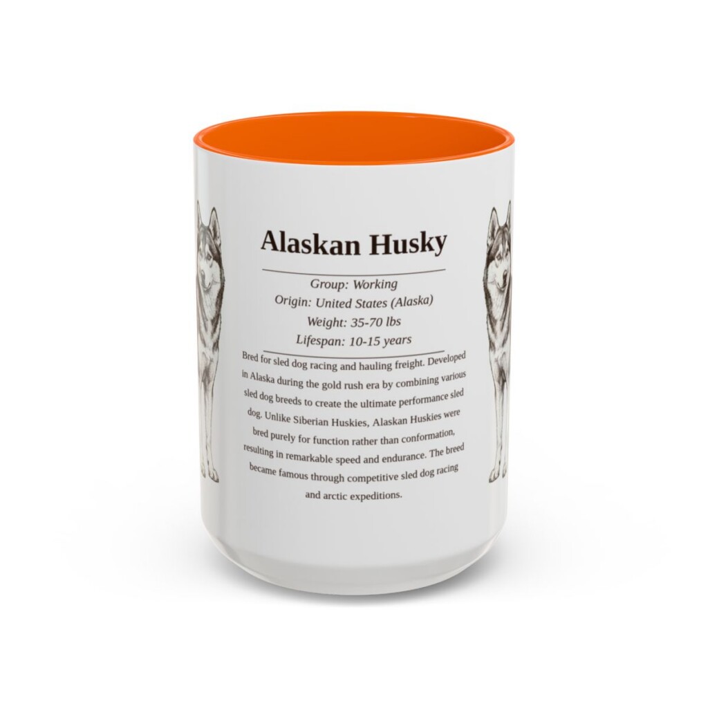 alaskan-husky-mug-writeup-orange-4 15oz Alaskan Husky Mug, Illustrated Dog Breed Facts Coffee Mug, Vintage Dog Keepsake Gift