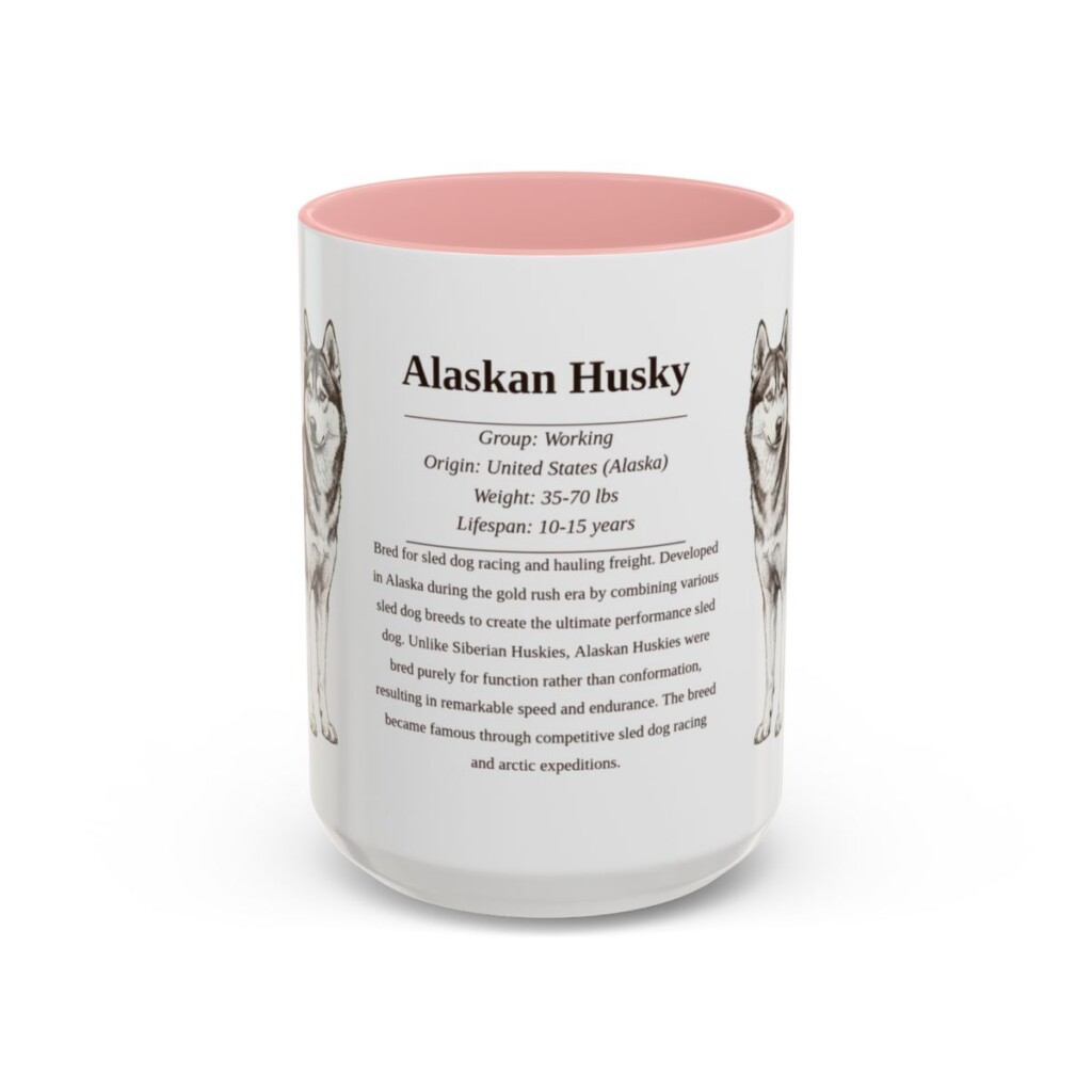 alaskan-husky-mug-writeup-pink-4 15oz Alaskan Husky Mug, Illustrated Dog Breed Facts Coffee Mug, Vintage Dog Keepsake Gift