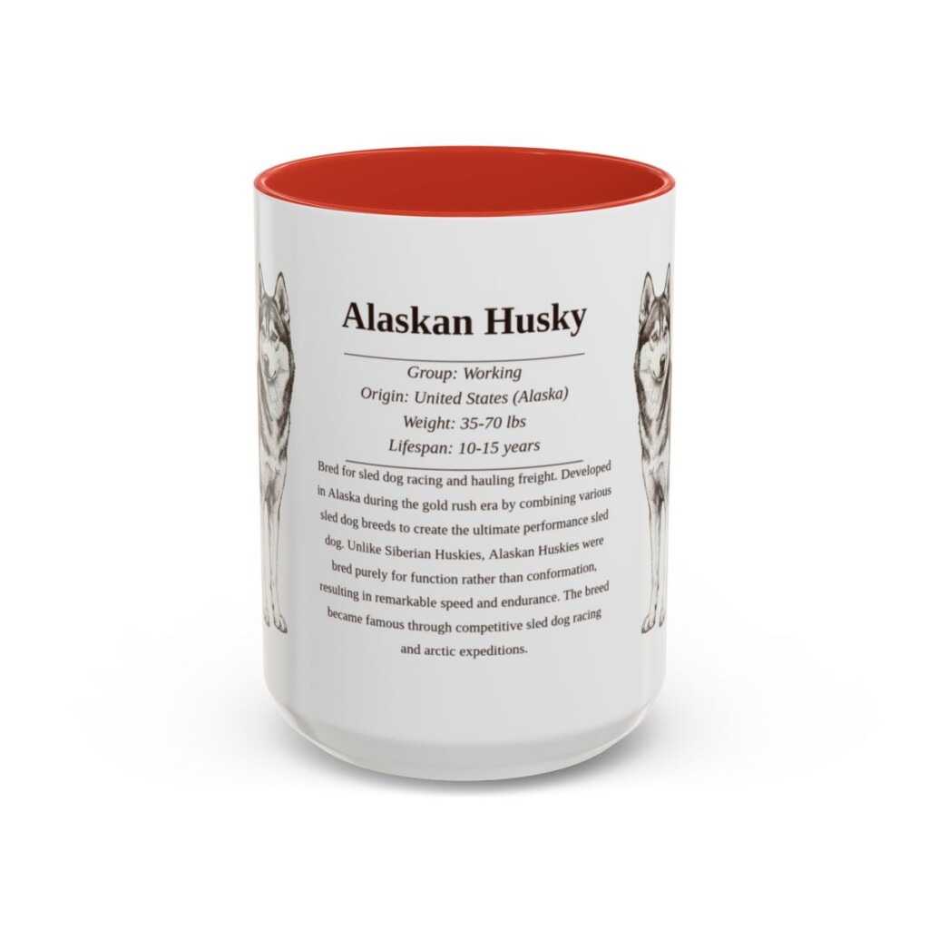 alaskan-husky-mug-writeup-red-4 15oz Alaskan Husky Mug, Illustrated Dog Breed Facts Coffee Mug, Vintage Dog Keepsake Gift