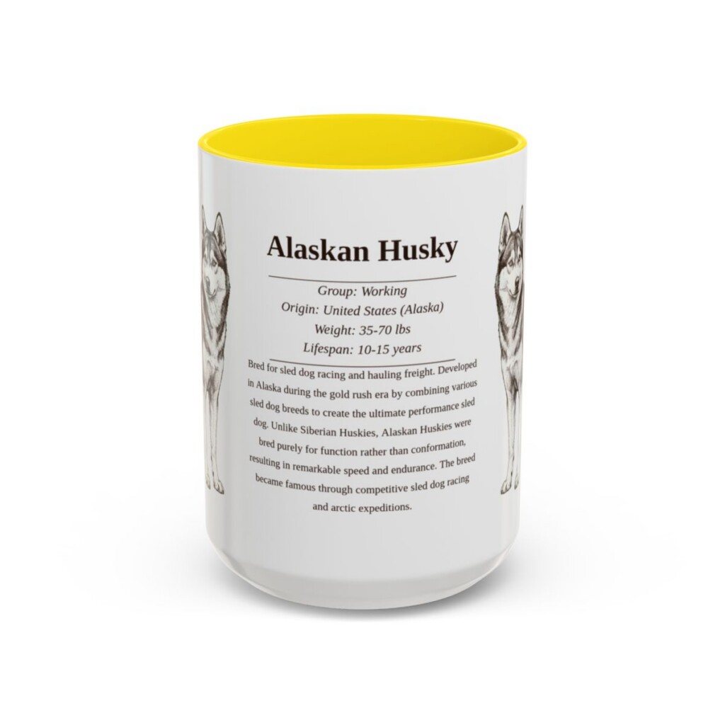 alaskan-husky-mug-writeup-yellow-4 15oz Alaskan Husky Mug, Illustrated Dog Breed Facts Coffee Mug, Vintage Dog Keepsake Gift