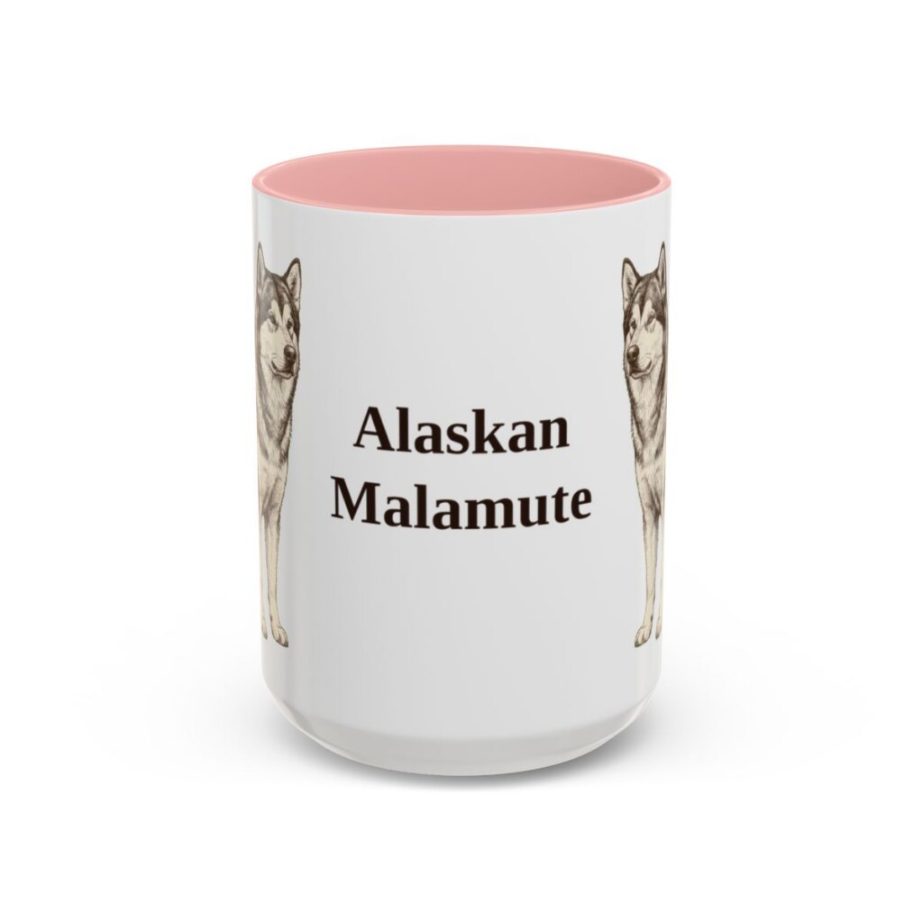 alaskan-malamute-mug-pink-3 15oz Alaskan Malamute Mug, Vintage Dog Portrait Coffee Mug, Dog Lover Gift