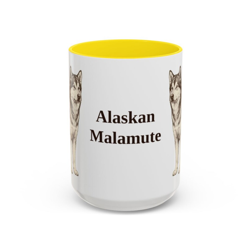alaskan-malamute-mug-yellow-3 15oz Alaskan Malamute Mug, Vintage Dog Portrait Coffee Mug, Dog Lover Gift