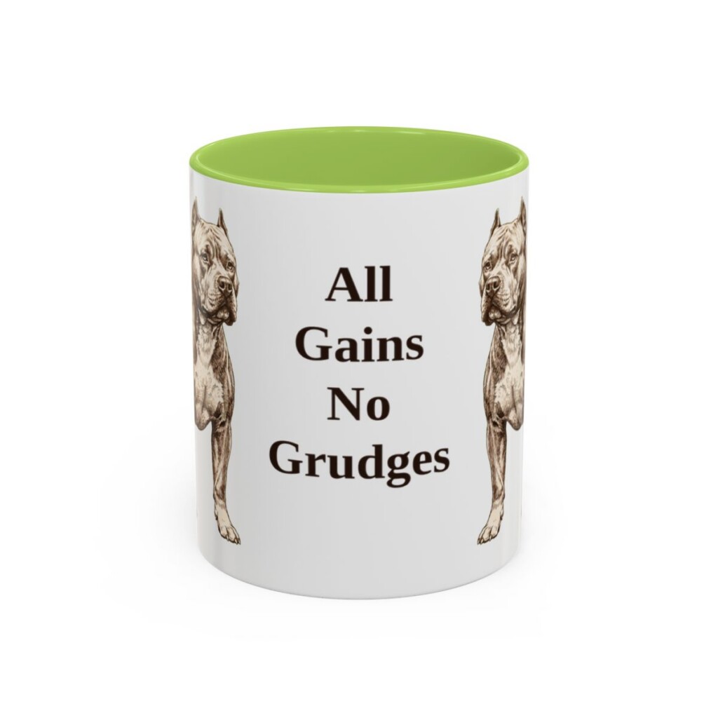 american-bully-mug-humor-light-green-1 11oz Funny American Bully Mug, All Gains No Grudges, Vintage Dog Coffee Mug, Dog Lover Gift