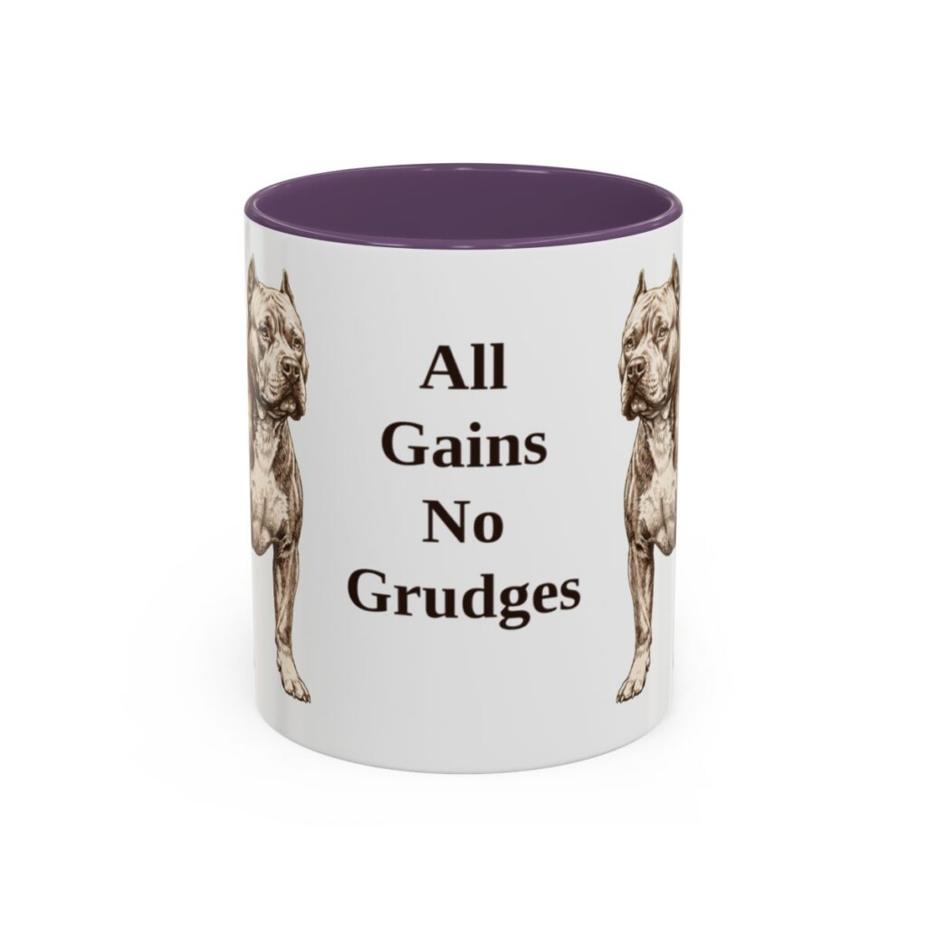 american-bully-mug-humor-purple-1 11oz Funny American Bully Mug, All Gains No Grudges, Vintage Dog Coffee Mug, Dog Lover Gift