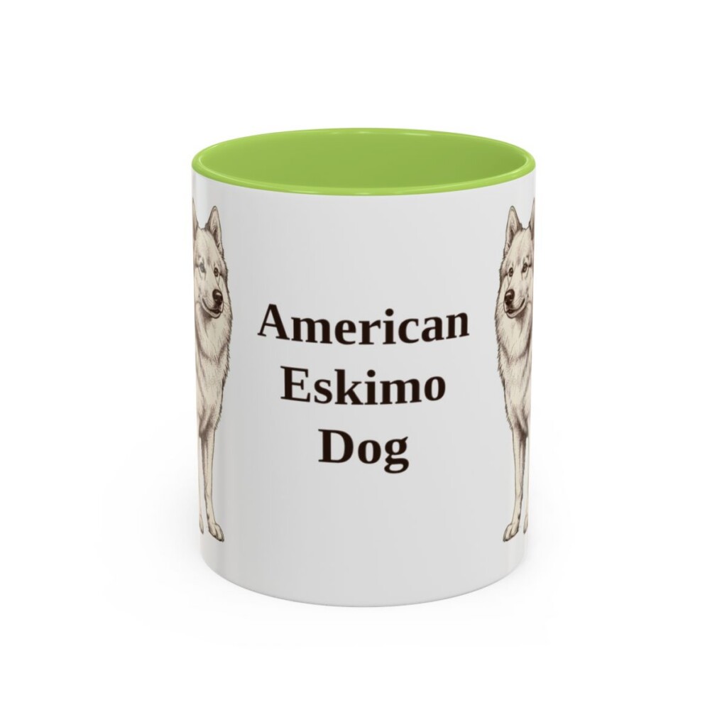 american-eskimo-dog-mug-light-green-1 11oz American Eskimo Dog Mug, Vintage Dog Portrait Coffee Mug, Dog Lover Gift