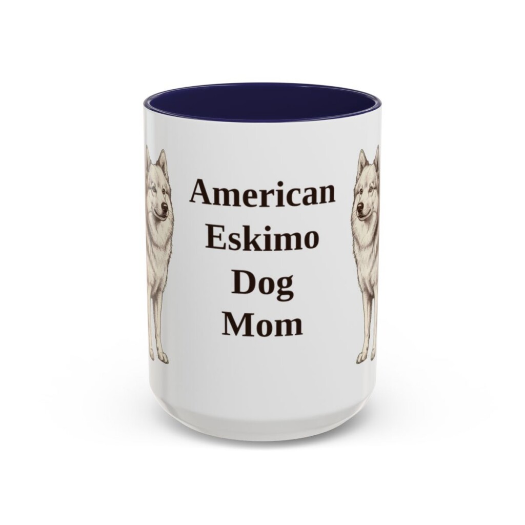 american-eskimo-dog-mug-mom-navy-1 15oz American Eskimo Dog Dog Mom Mug, Vintage Sketch Coffee Mug, Dog Mom Gift