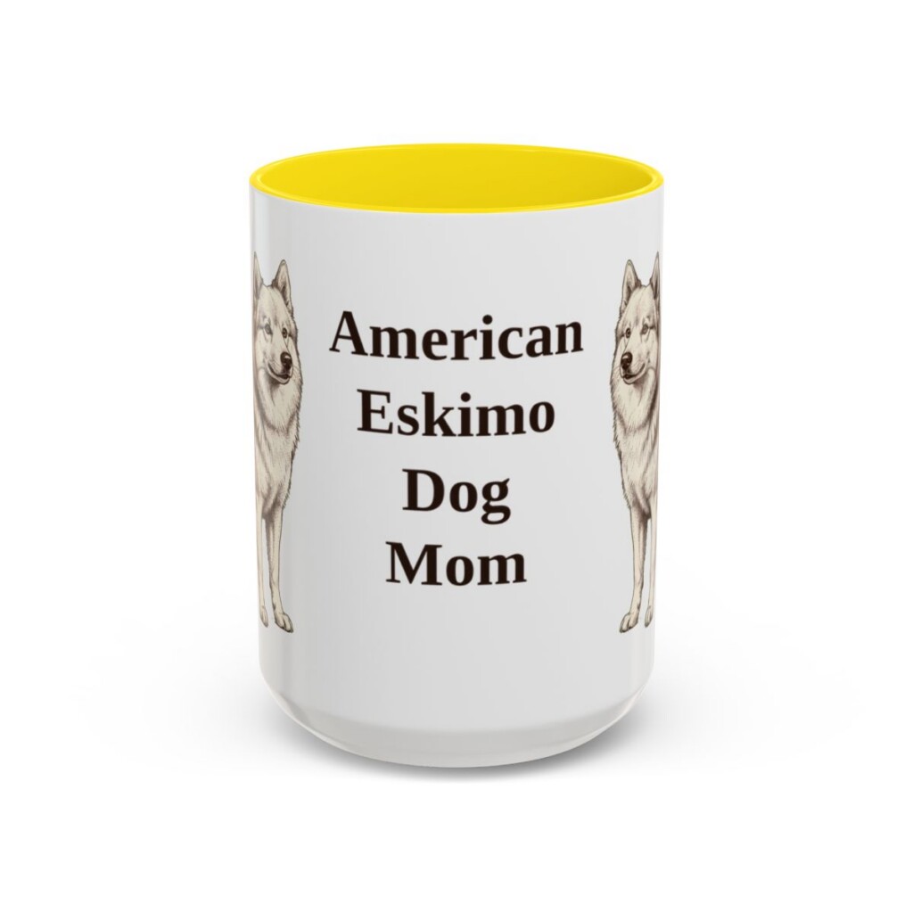 american-eskimo-dog-mug-mom-yellow-1 15oz American Eskimo Dog Dog Mom Mug, Vintage Sketch Coffee Mug, Dog Mom Gift