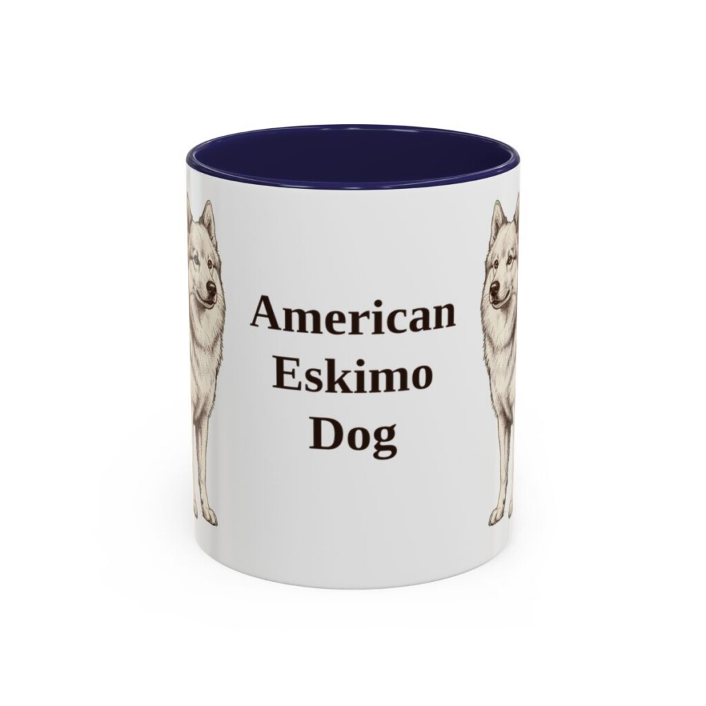 american-eskimo-dog-mug-navy-1 11oz American Eskimo Dog Mug, Vintage Dog Portrait Coffee Mug, Dog Lover Gift