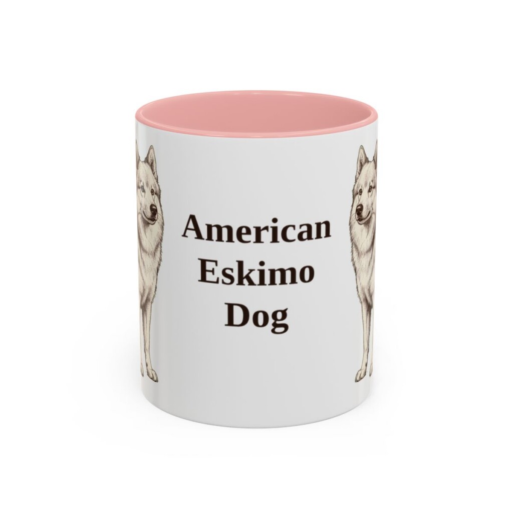 american-eskimo-dog-mug-pink-1 11oz American Eskimo Dog Mug, Vintage Dog Portrait Coffee Mug, Dog Lover Gift