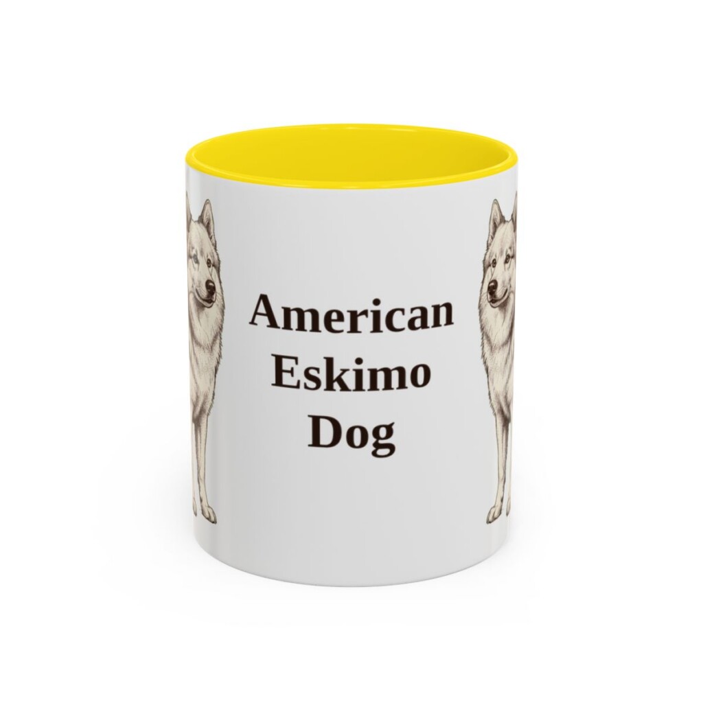 american-eskimo-dog-mug-yellow-1 11oz American Eskimo Dog Mug, Vintage Dog Portrait Coffee Mug, Dog Lover Gift