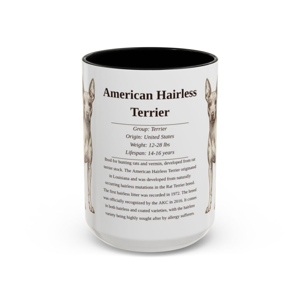 american-hairless-terrier-mug-writeup-black-front-3 15oz American Hairless Terrier Mug, Illustrated Dog Breed Facts Coffee Mug, Vintage Dog Keepsake Gift