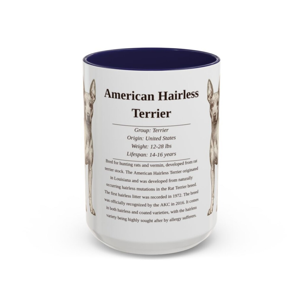 american-hairless-terrier-mug-writeup-navy-3 15oz American Hairless Terrier Mug, Illustrated Dog Breed Facts Coffee Mug, Vintage Dog Keepsake Gift