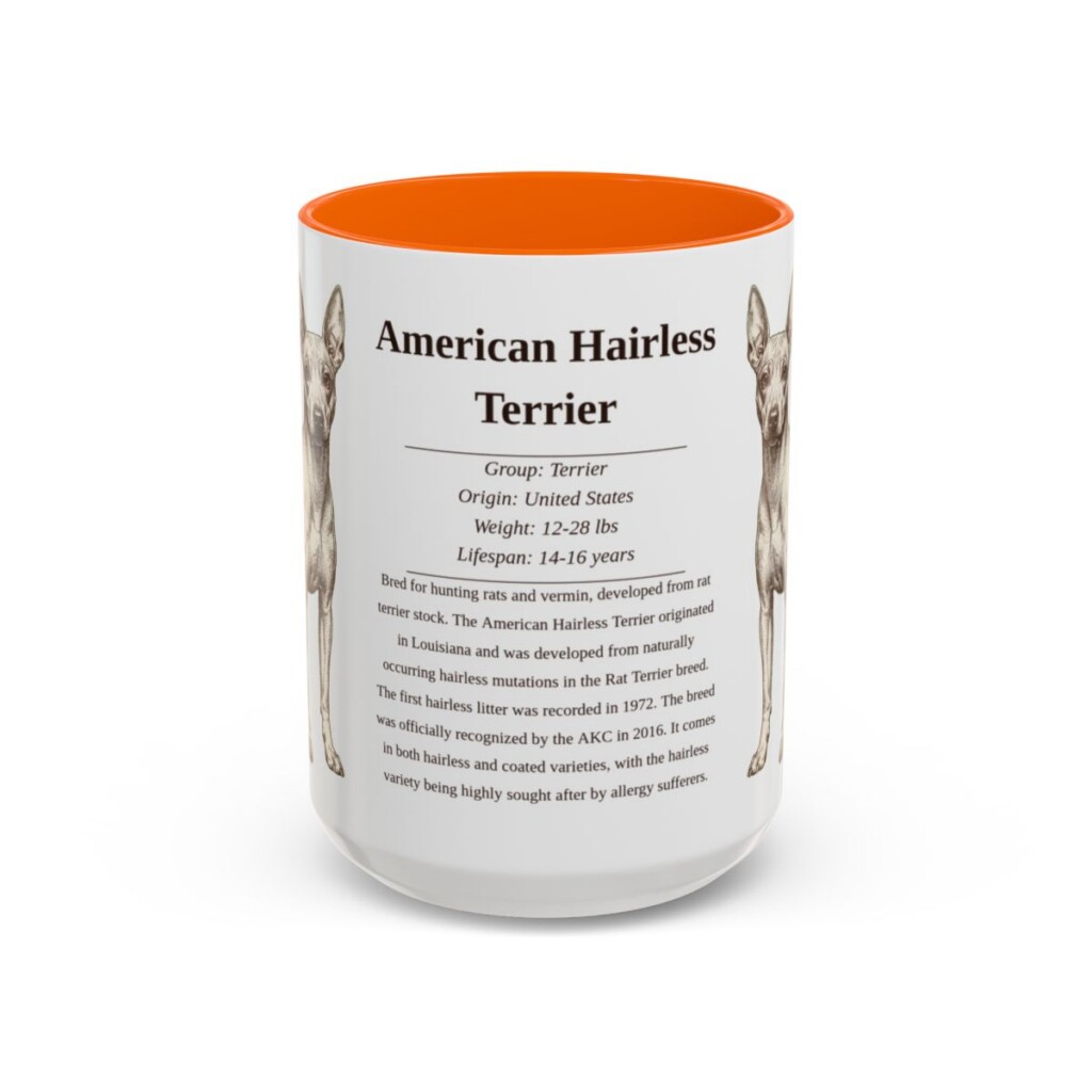 american-hairless-terrier-mug-writeup-orange-3 15oz American Hairless Terrier Mug, Illustrated Dog Breed Facts Coffee Mug, Vintage Dog Keepsake Gift
