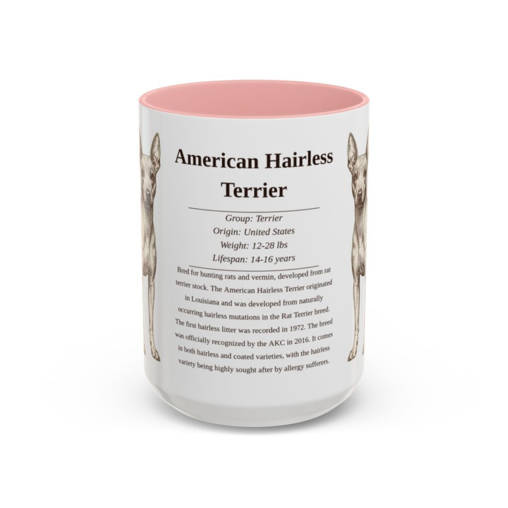 american-hairless-terrier-mug-writeup-pink-3 15oz American Hairless Terrier Mug, Illustrated Dog Breed Facts Coffee Mug, Vintage Dog Keepsake Gift