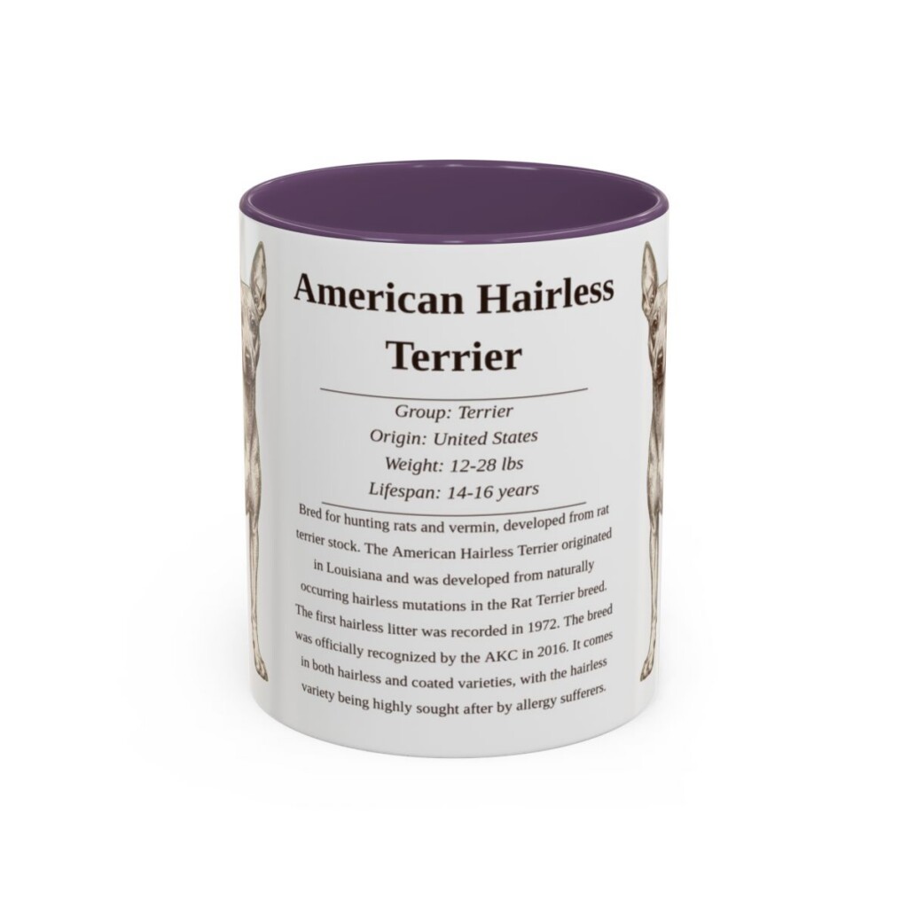 11oz American Hairless Terrier Mug, Illustrated Dog Breed Facts Coffee Mug, Vintage Dog Keepsake Gift