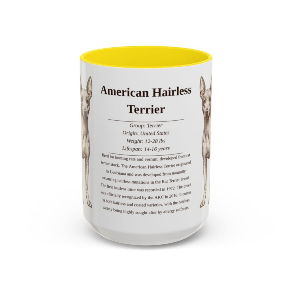american-hairless-terrier-mug-writeup-yellow-3 15oz American Hairless Terrier Mug, Illustrated Dog Breed Facts Coffee Mug, Vintage Dog Keepsake Gift