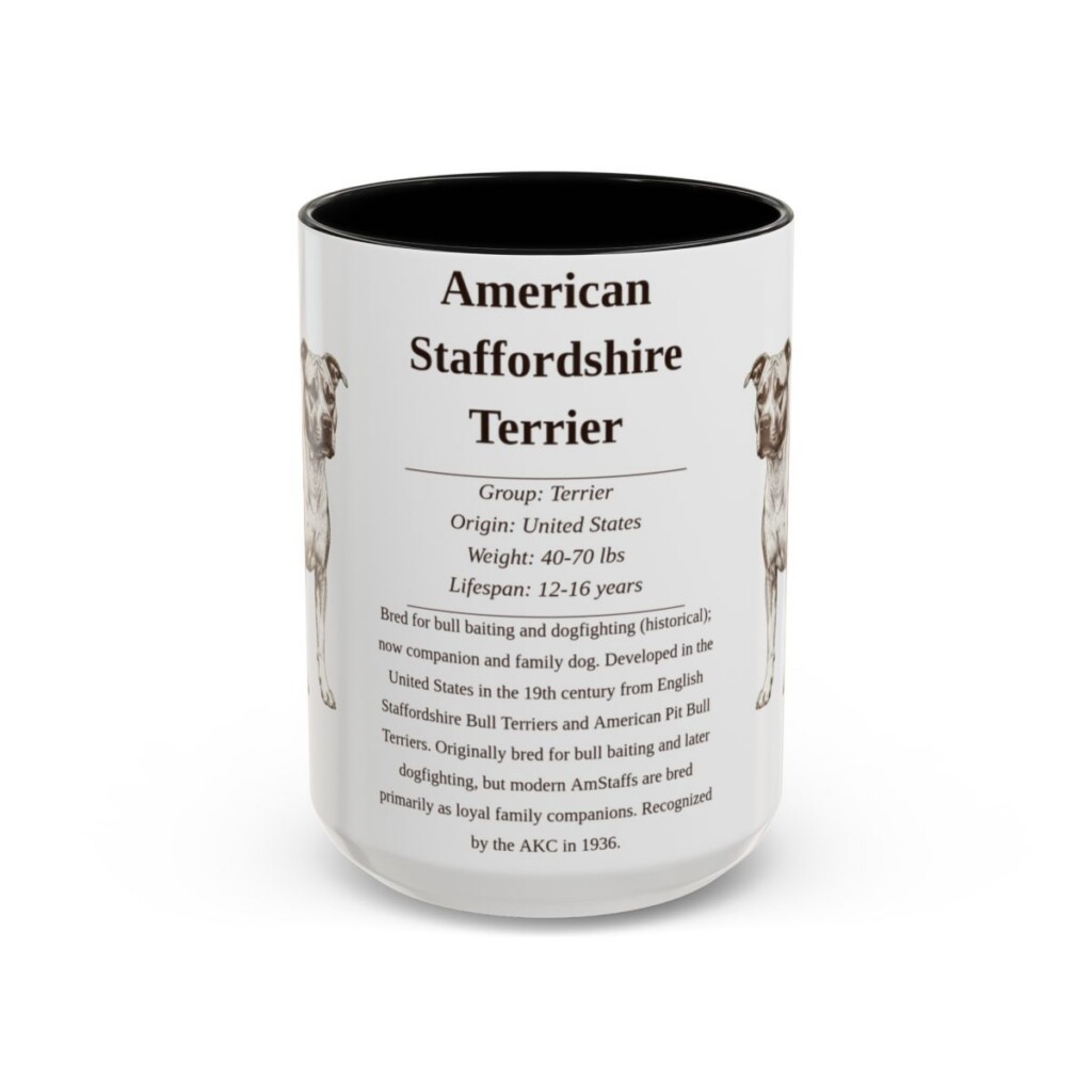 american-staffordshire-terrier-mug-writeup-black-front-5 15oz American Staffordshire Terrier Mug, Illustrated Dog Breed Facts Coffee Mug, Vintage Dog Keepsake Gift