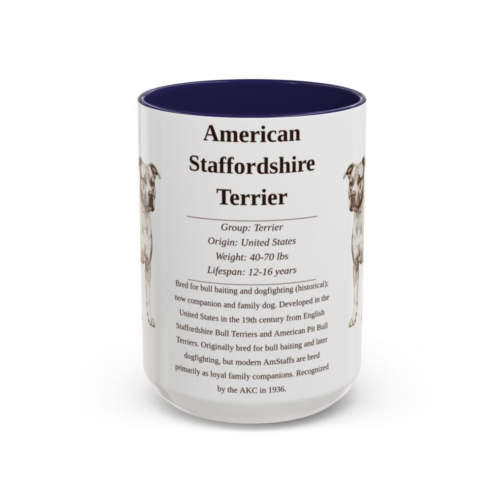 american-staffordshire-terrier-mug-writeup-navy-5 15oz American Staffordshire Terrier Mug, Illustrated Dog Breed Facts Coffee Mug, Vintage Dog Keepsake Gift