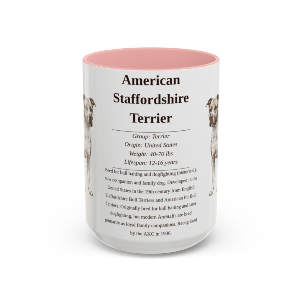 american-staffordshire-terrier-mug-writeup-pink-5 15oz American Staffordshire Terrier Mug, Illustrated Dog Breed Facts Coffee Mug, Vintage Dog Keepsake Gift
