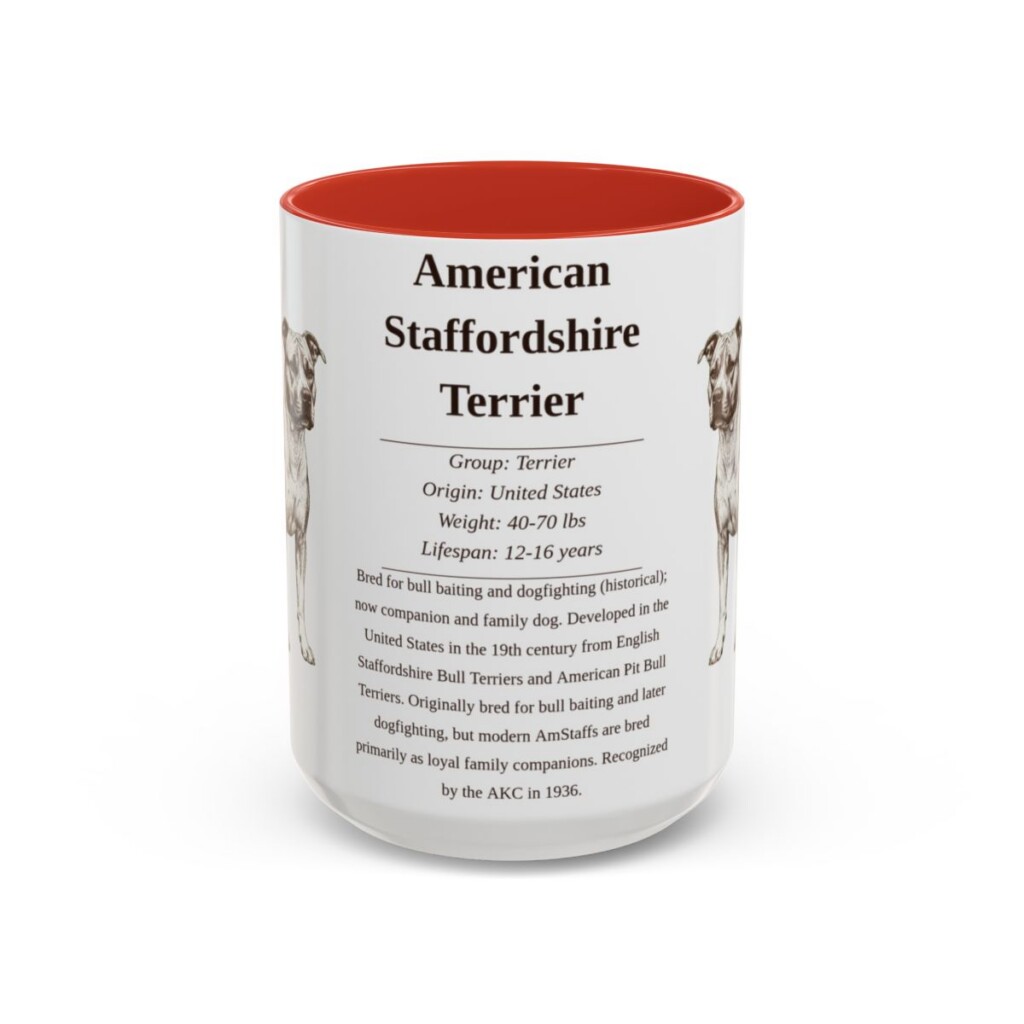 american-staffordshire-terrier-mug-writeup-red-5 15oz American Staffordshire Terrier Mug, Illustrated Dog Breed Facts Coffee Mug, Vintage Dog Keepsake Gift