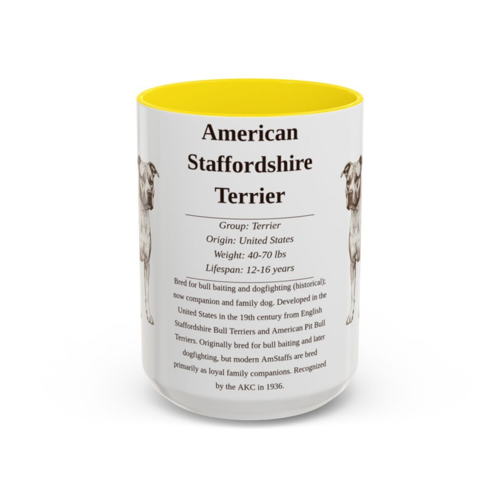 american-staffordshire-terrier-mug-writeup-yellow-5 15oz American Staffordshire Terrier Mug, Illustrated Dog Breed Facts Coffee Mug, Vintage Dog Keepsake Gift