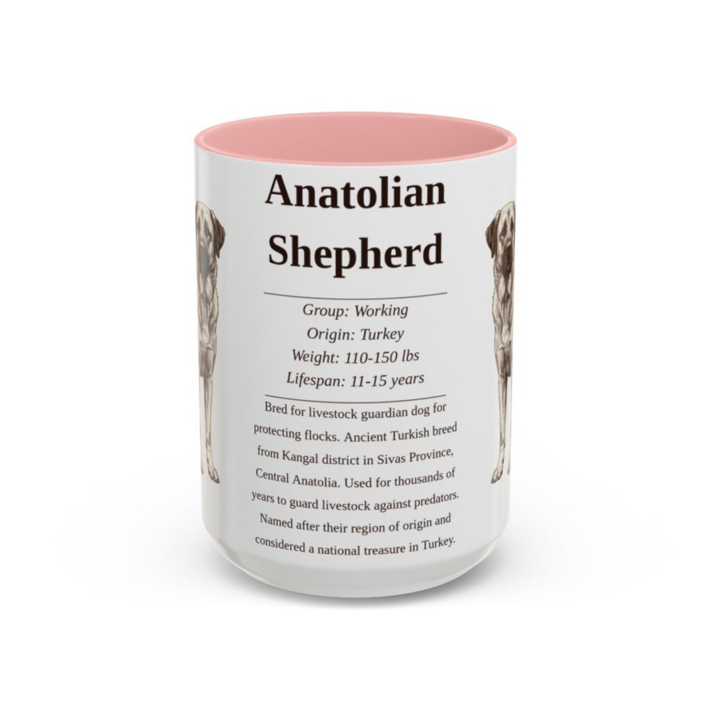 anatolian-shepherd-mug-writeup-pink-3 15oz Anatolian Shepherd Mug, Illustrated Dog Breed Facts Coffee Mug, Vintage Dog Keepsake Gift