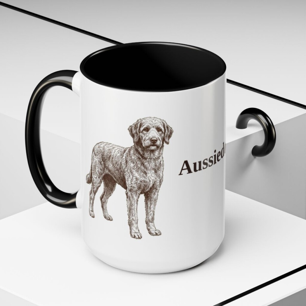 15oz Aussiedoodle Mug, Vintage Dog Portrait Coffee Mug, Dog Lover Gift