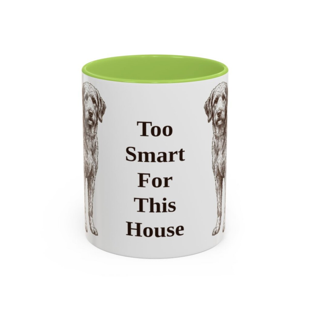11oz Funny Aussiedoodle Mug, Too Smart For This House, Vintage Dog Coffee Mug, Dog Lover Gift