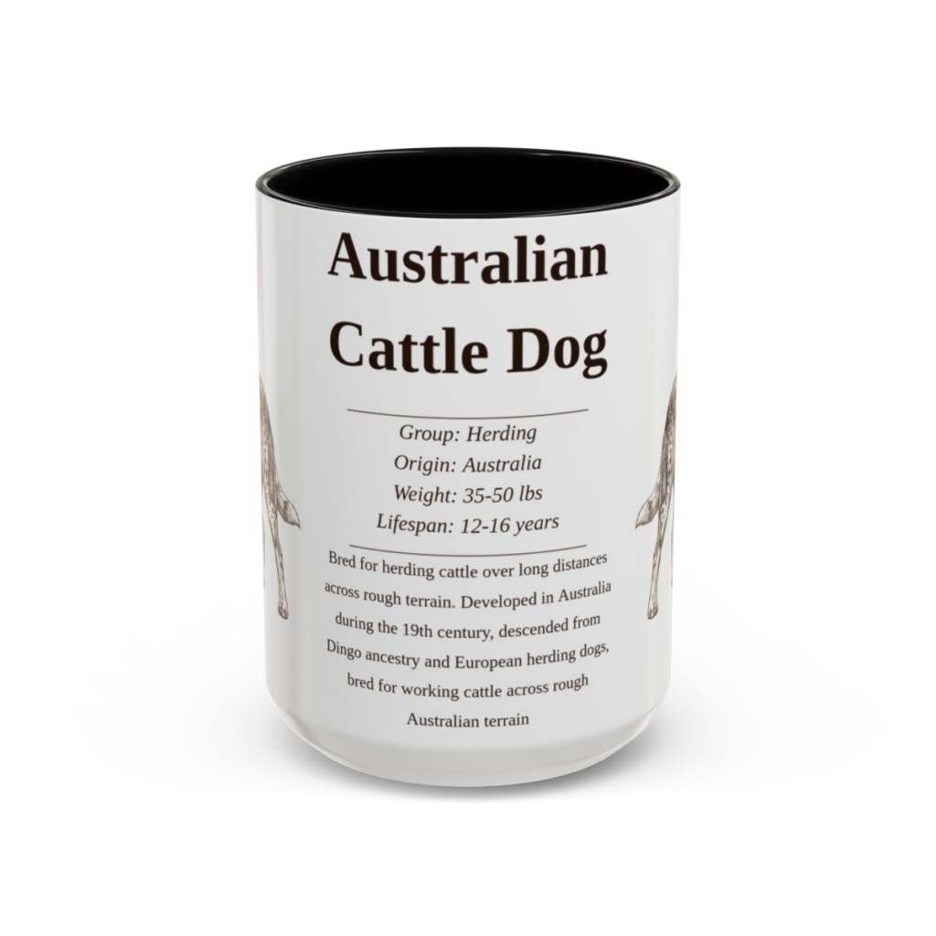 australian-cattle-dog-mug-writeup-black-front-3 15oz Australian Cattle Dog Mug, Illustrated Dog Breed Facts Coffee Mug, Vintage Dog Keepsake Gift