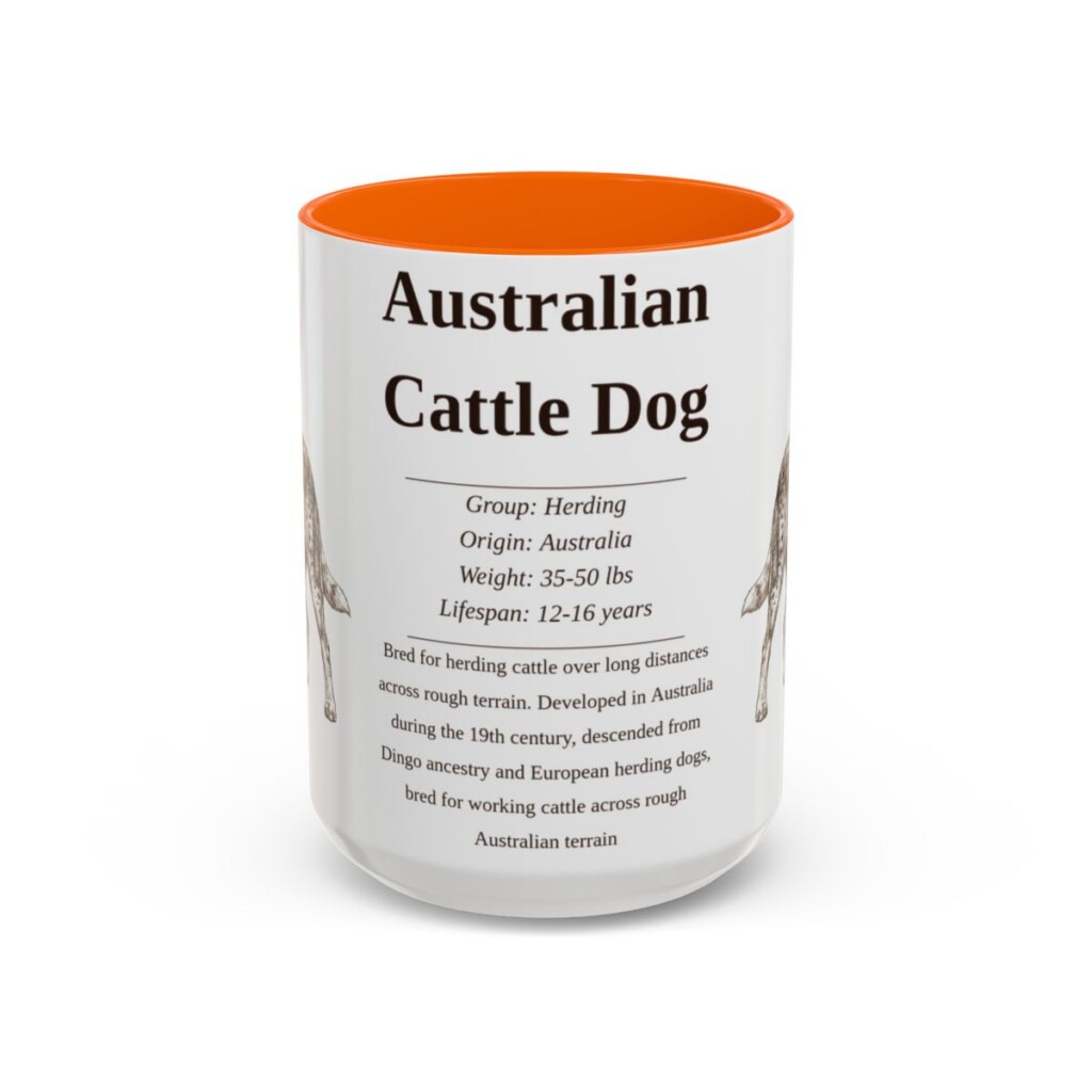 australian-cattle-dog-mug-writeup-orange-3 15oz Australian Cattle Dog Mug, Illustrated Dog Breed Facts Coffee Mug, Vintage Dog Keepsake Gift
