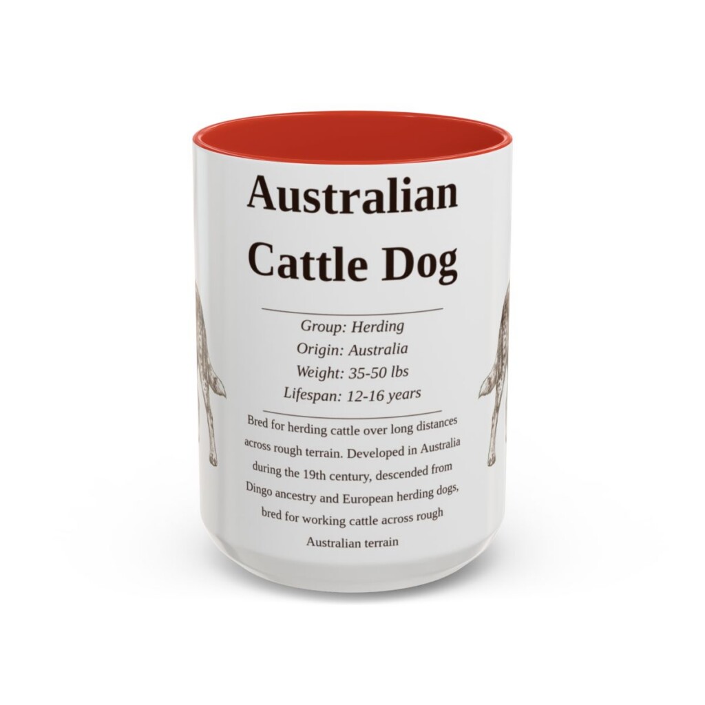australian-cattle-dog-mug-writeup-red-3 15oz Australian Cattle Dog Mug, Illustrated Dog Breed Facts Coffee Mug, Vintage Dog Keepsake Gift