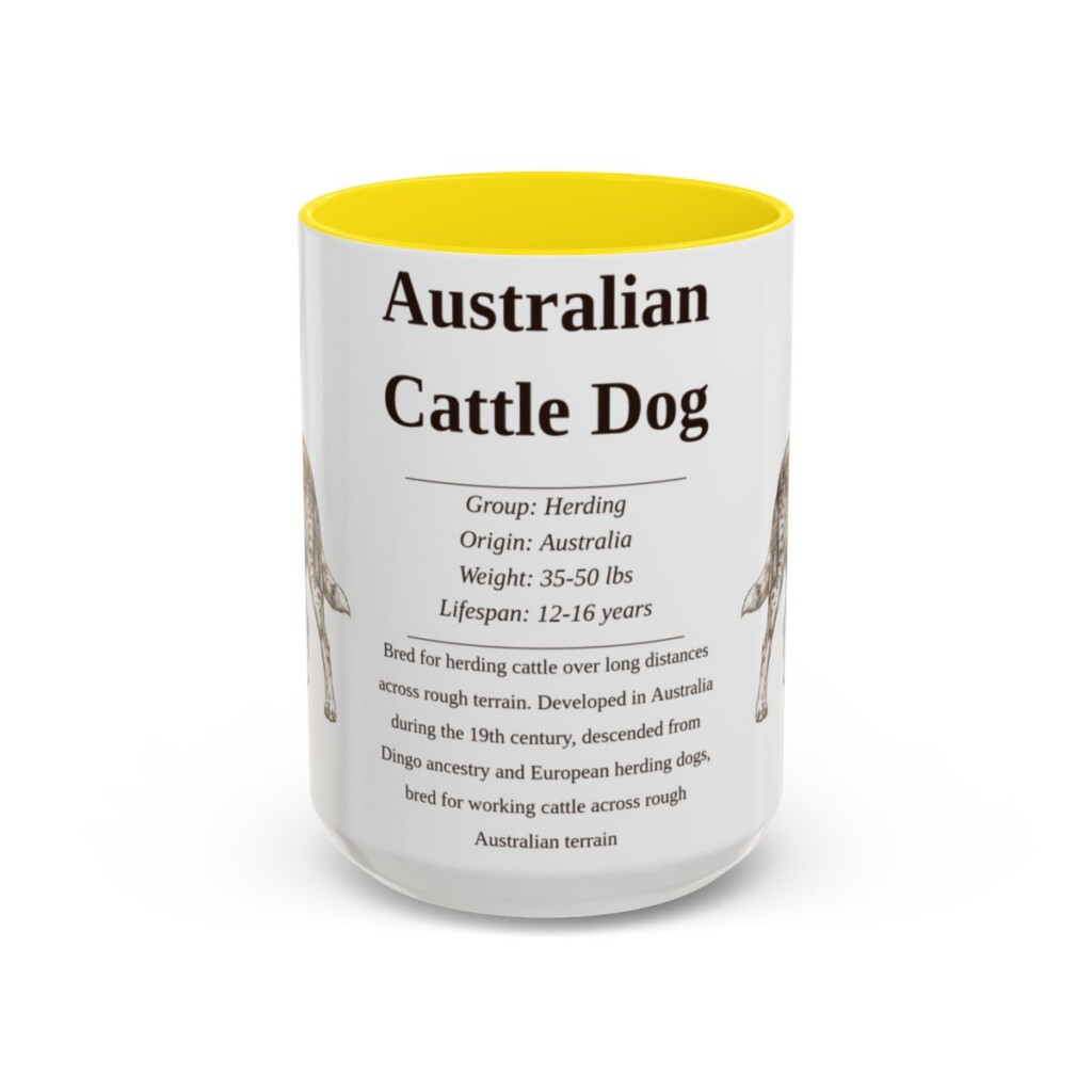 australian-cattle-dog-mug-writeup-yellow-3 15oz Australian Cattle Dog Mug, Illustrated Dog Breed Facts Coffee Mug, Vintage Dog Keepsake Gift